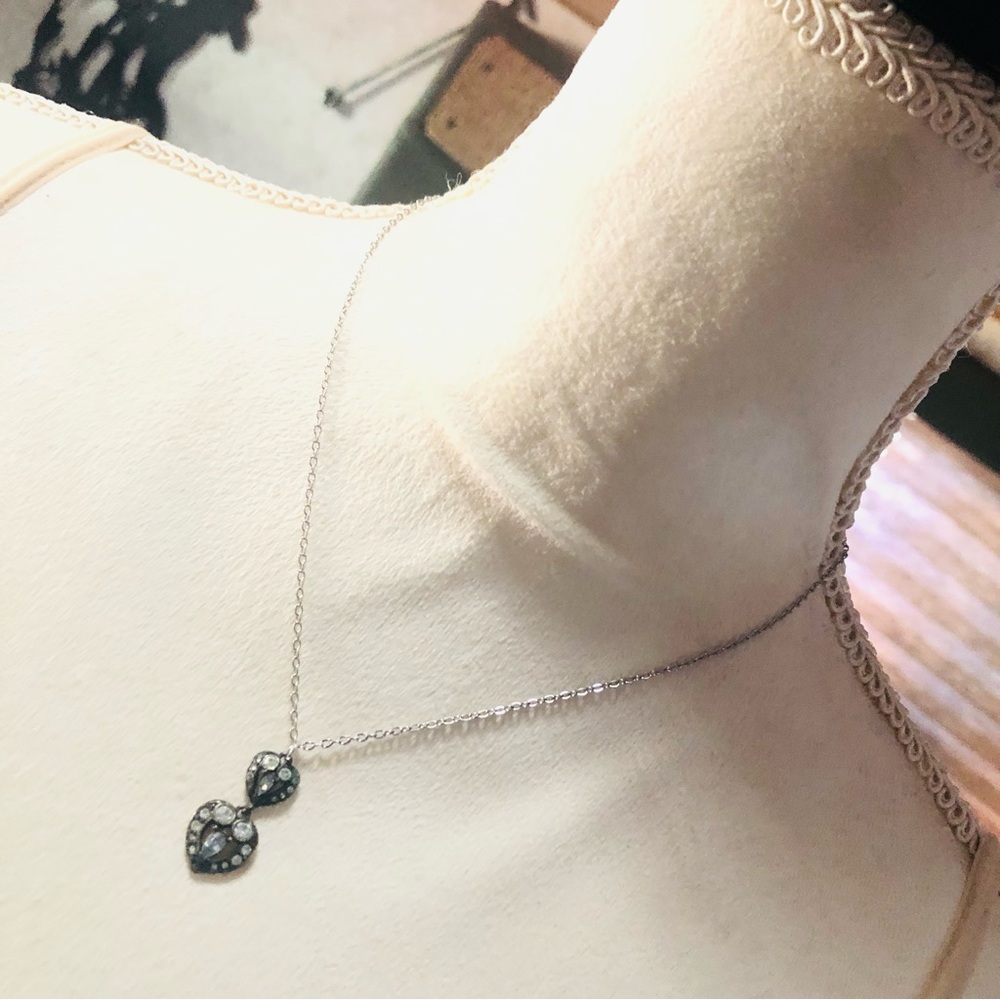 Handcrafted clear rhinestone double heart drop pendant on chain necklace